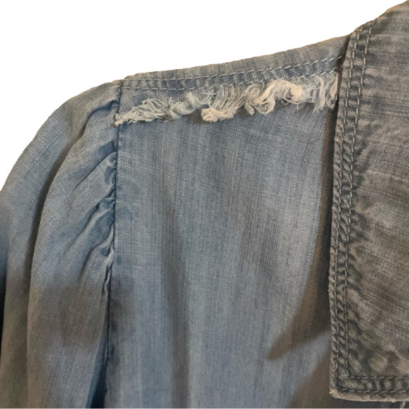 𝅺🎀 Melissa Nepton Puff Shoulder Raw Hem & Seam Soft Denim Button Down Shirt, - Picture 7 of 8